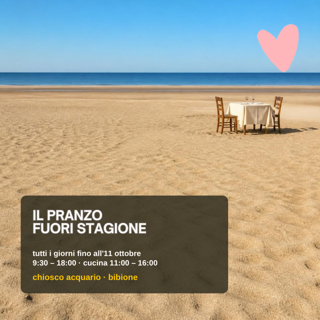 Tavolo apparecchiato sulla sabbia di una spiaggia quasi deserta a ottobre: il pranzo fuori stagione sulla spiaggia di Bibione al Chiosco Acquario